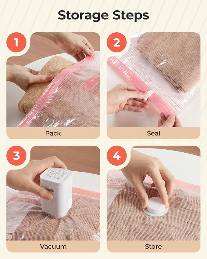 BAGSMART Vacuum Bags for Travel with Rechargeable Air Pump, Portable Space Saver Bags for Travel & Home, Vacuum Compression Seal Bag for Clothing, Blanket, 21 Pack Pink