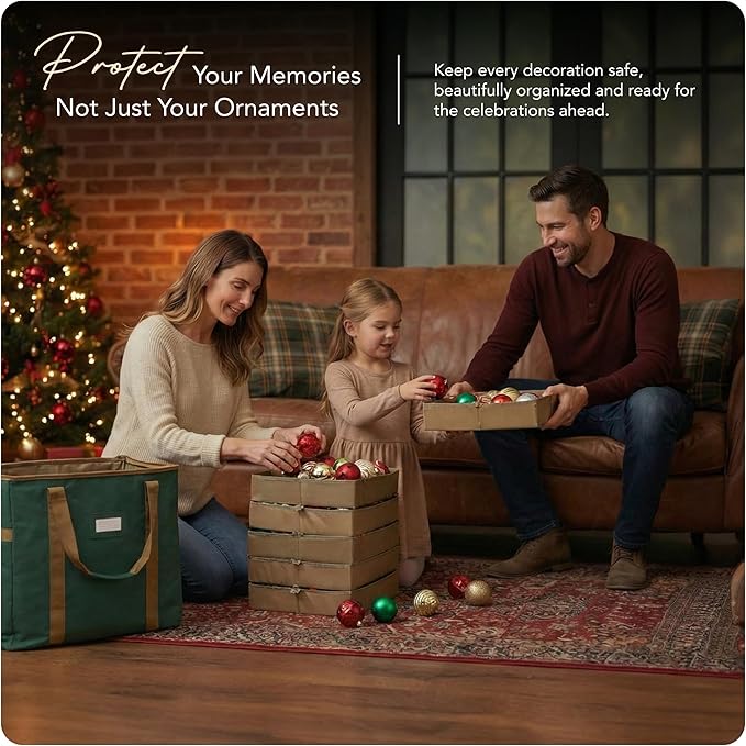 Covermates Keepsakes Adjustable Ornament Storage Bag – Heavy-Duty Polyester, Padded Dividers & FlexGrid Trays – Protective Holiday Ornament Organizer with Handles & Label Window, Green