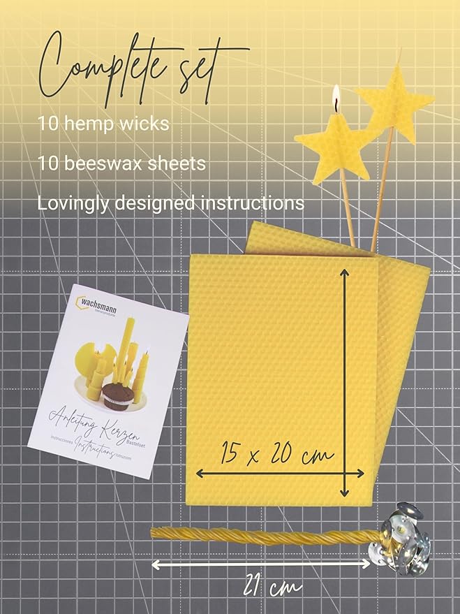 Wachsmann DIY Beeswax Candles Craft Set - Starter Set for 10 Candles in Many Colours - 100% Pure Beeswax from Germany, Includes 10 Hemp Wicks & Illustrated Instructions (English language not