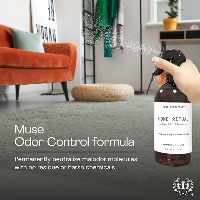 Muse Apothecary Home Ritual Active Odor Eliminator Spray - Furniture Deodorizer Spray & Bathroom Odor Eliminator for Home - Essential Oil Air Freshener - 4oz, Cara Orange + Fig + Blackberry Vanilla