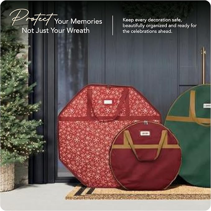 Covermates Keepsakes Deluxe Wreath Storage Bag – Heavy-Duty Polyester with Buckle Strap & Structured Interior – Protective Holiday Organizer with Handles, D-Ring & Label Window, Red Snowflake
