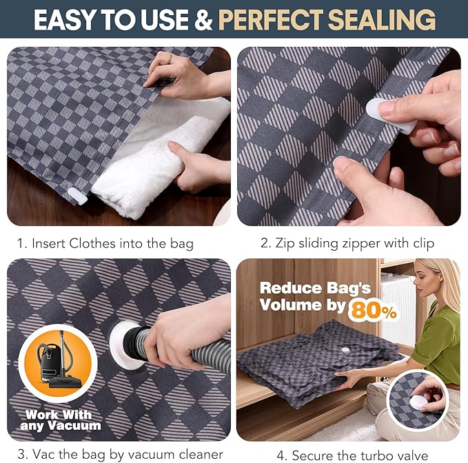 6 Pack Cloth Vacuum Storage Bags, Vacuum Seal Bags for Clothing with Hand Pump, 2 Large+4 Medium, 80% Space Saver Bags for Luggage, Comforters,Blankets, Home Travel Essentials (Dark Blue Checkered)