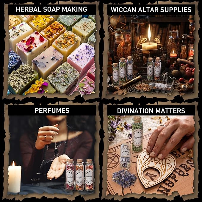 30 Pack Witchcraft Supplies Herbs, Dried Herbs and Flowers Bottles Kit for Witch Beginner, Wiccan, Wicca Altar Supplies, Magic Spell, Candle and Soap Making, with Witchy Spoon, Bell and More