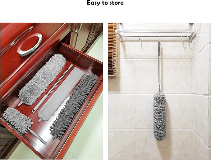 5-in-1 Microfiber Duster with Extension Pole (30-100") Kit for High Ceiling, Fan, Cobweb, Blind & Furniture, Bendable Washable Heads, Reusable Dusters for Cleaning