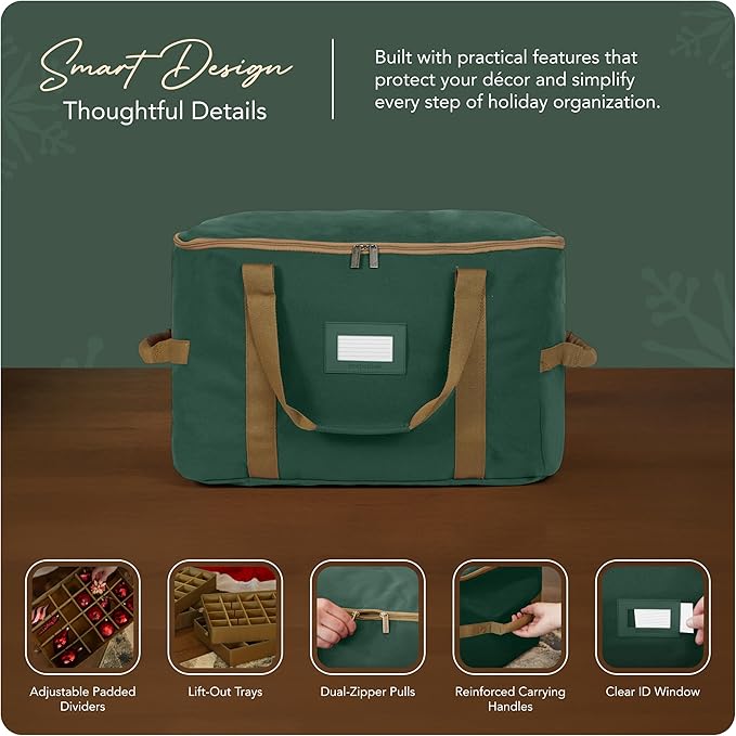 Covermates Keepsakes Adjustable Ornament Storage Bag – Heavy-Duty Polyester, Padded Dividers & FlexGrid Trays – Protective Holiday Ornament Organizer with Handles & Label Window, Green