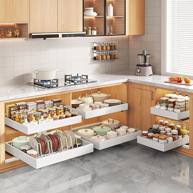 Seinloes 6 Pack Pull Out Cabinet Organizers 21" Deep With Raising Pad for Framed Cabinets, Expandable Slide Out Drawers with 4pcs Divider Racks, Roll Out Shelves, Adjustable Width 12"-20.45" White