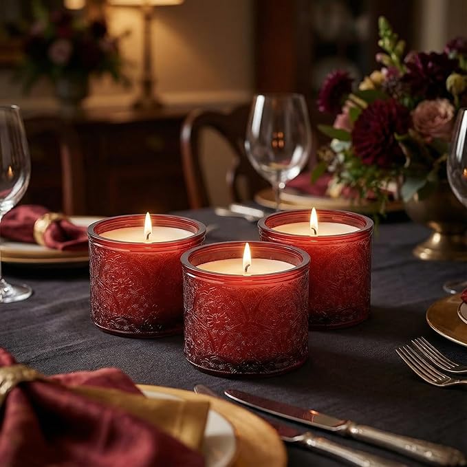 10 oz Embossed Glass Candle Container with Bamboo Lids and Labels, Red Candle Jars for Making Candles,Mandala Design - Pack of 9