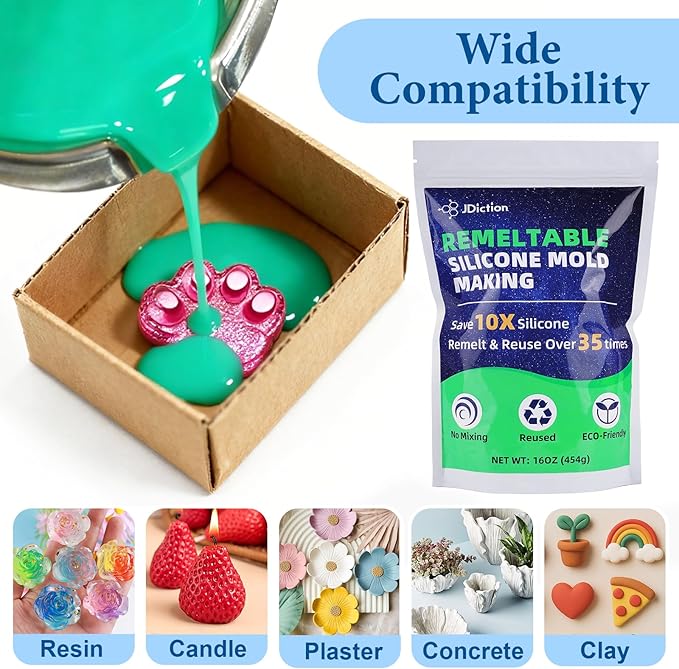 JDiction Remeltable Silicone Mold Making Kit, 35X Reusable Silicone for Mold Making, No Mix, Non-Toxic, Odorless Silicone Rubber for Resin, Epoxy, Picky Pad, Plaster, Soap, Candle, Small Crafts-16oz