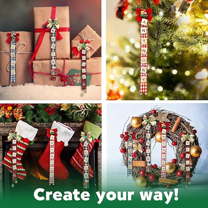 Christmas Ornaments Tree Decorations Personalized Crafts for Adults Kit DIY Ribbon Letter Tiles Bells Rustic Stockings Name Tags Hanging Xmas Decor for Gifts Wreath Holiday(Plaid)