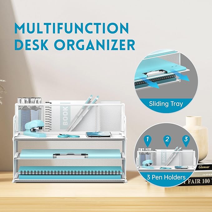 3 Tier Paper Letter Tray Organizer with Pen Holder for Desk, Black Metal Mesh Desk File Folder Sorter Organizer with Handle and Sliding Tray for Home, Office, School Supplies Organization(White)