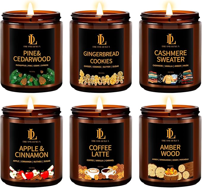 Winter Candle Set, 6 Pack Soy Candles for Home,Candle Gifts for Women Men, Winter Scents of Gingerbread/Apple Cinnamon/Coffee Latte/Pine Cedarwood/Amber Wood/Cashmere Sweater