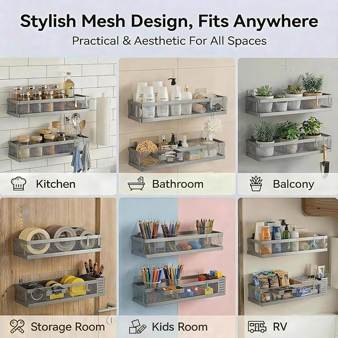 PUSDON Metal Wall Hanging Basket 2 Packs DIY Suitable for Multiple Scenes - Large Silver Grey Netting Suit