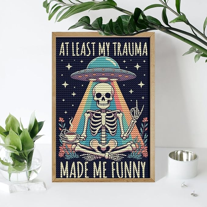 KIVJMSIDJA Skull Skeleton “At Least My Trauma Made Me Funny” Diamond Painting Kits for Adults,Diamond Art Kits for Beginners 5D Round Diamond 8"x12"