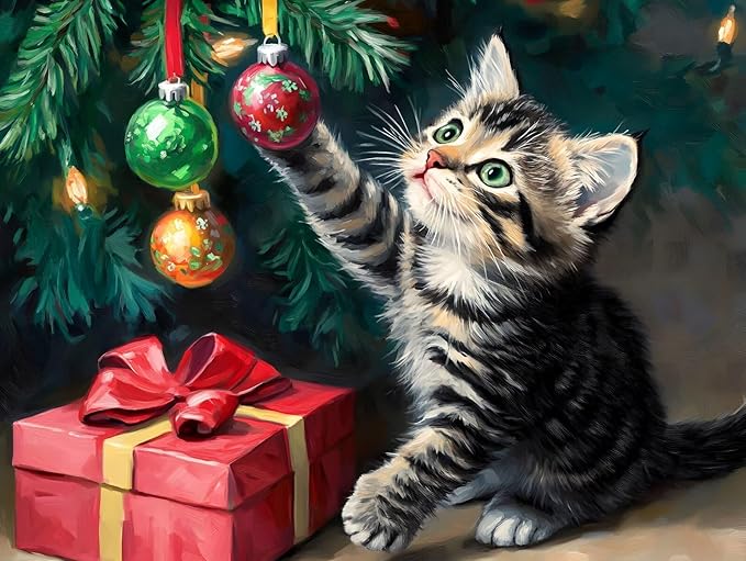 IMLQJES Christmas Diamond Art Kits for Adults - Cat 5D Square Full Drill Gem Art for Beginners - Cat Play with Christmas Tree Animals Diamond Painting Kit for Home Wall Decor 12x16 Inch