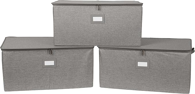 Covermates Keepsakes Zip-Top Storage Box Set, 3 Pack Heavy Duty Polyester Organizer Bins, Stackable Design, ID Window, Reinforced Handles, Closet Home Storage, Grey Heather