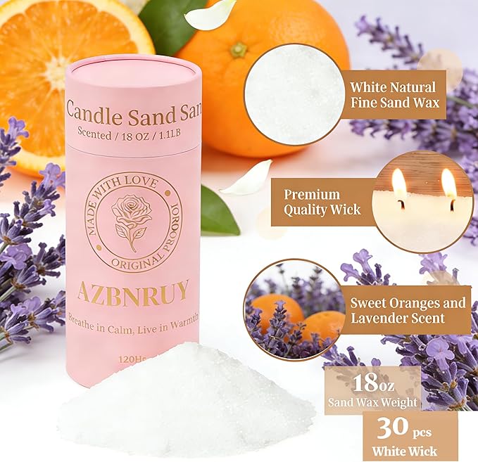 Pearled Sand Candles with Wicks 18 Oz-Refillable Citrus&Lavender Scented Natural Pearled Candle Sand Wax Pearl Candle Powder Beads-Non Toxic Luxury Long Lasting 120 Hours DIY Candles Making Kit White