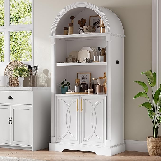 Vlsrka 71" Tall Arched Cabinet, Kitchen Pantry Cabinets, Arched Bookshelf/Bookcase,China Cabinet, Wood Kitchen Storage Cabinets with Open & Adjustable Shelves, Induction 3 Color Lights, White