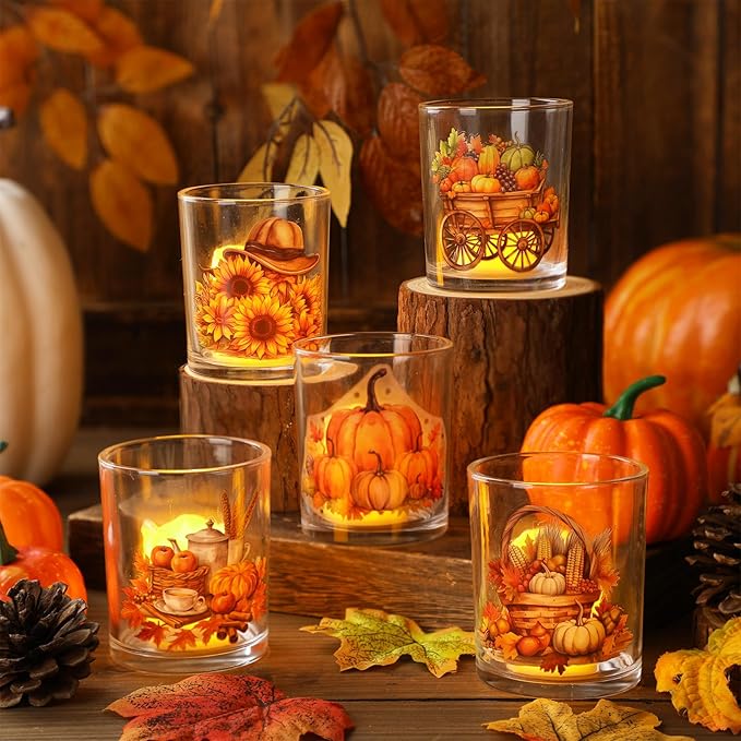 Ziliny 10 Pcs Thanksgiving Glass Candle Jars Empty Containers Bulk 7 oz Fall Pumpkin Harvest Sunflower Glass Jars with Cork Lids Tins for Candle Making Storing Biscuits Party Favors