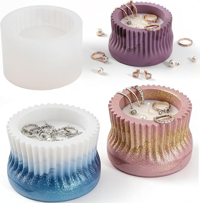 1Pc Wavy Ruffles Concrete Candle Jar Mold Cylinder Organizer Epoxy Resin Storage Silicone Mold for Trinket Box Jewelry Candle Holder Succulent Plant Pot DIY Art Craft Home Decor Supplies