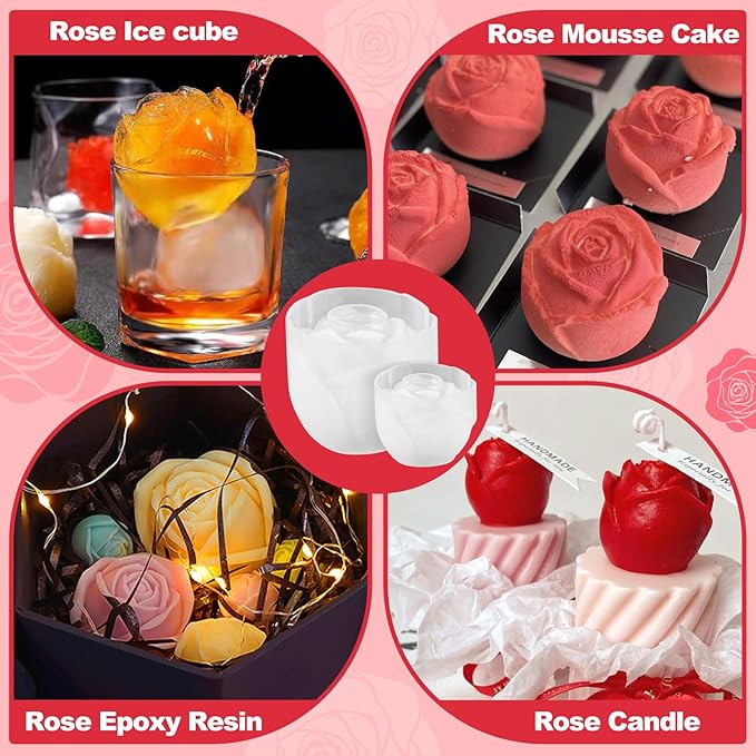 2 Pack Rose Candles Molds, Set of Large + Small 3D Flower Silicone Molds for Candles Making, Epoxy Resin Casting Handmade Soap, Clay Plaster Home Décor Wedding, Valentines Day Mothers Day Gift