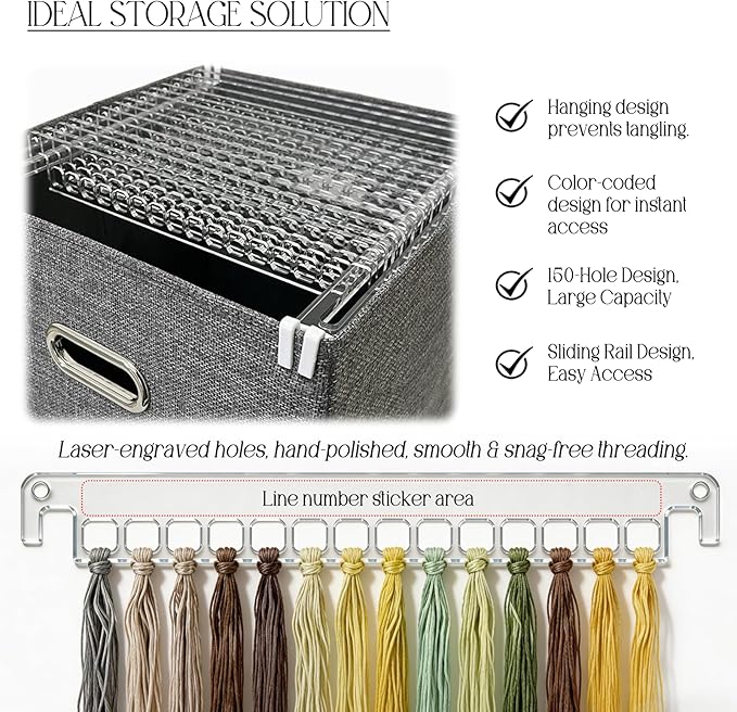 Hanging Embroidery Floss Organizer Box - 10 Acrylic Thread Storage Bars (150 Holes) | Ideal for Keeping Embroidery Thread Neat and Making It Easily Accessible for All Embroidery Enthusiasts.