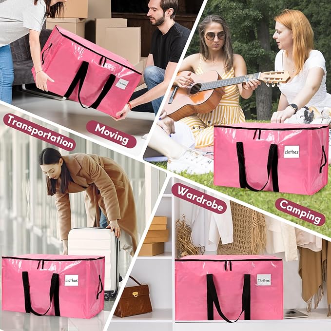 2-Pack Extra-Large Heavy-Duty Storage Totes with Reinforced Handles, Durable Zippers & Waterproof Material — Perfect for Space-Saving, Moving, Shipping and Travel (Pink)