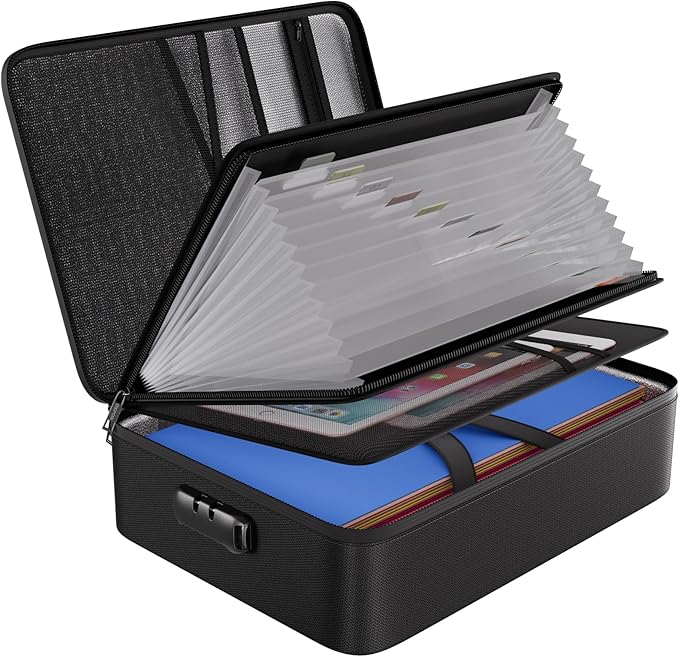 ENGPOW File Organizer Bag with 13 Pocket Accordion File Folder, Fireproof Document Organizer with Lock& Labels,Multi-Layer Portable Home Travel Safe Storage Box for Important Documents,Files and More