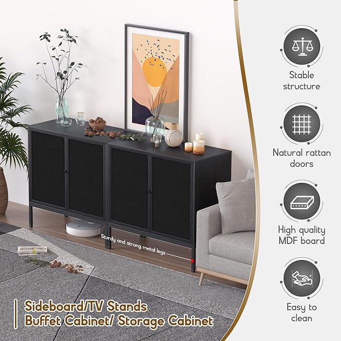 XIAO WEI Farmhouse Boho Sideboard Buffet Cabinet with Black Rattan Doors, 31.5" W Accent Credenza Console Storage Cabinet with Metal Legs for Living Room, Entryway, Kitchen/Set of 2