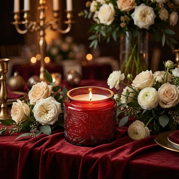 Art Secret 9 Pack 10oz Sun Moon Star Embossed Glass Candle Jars with Mirror Lid, Patented Design for Candle Making (Red)
