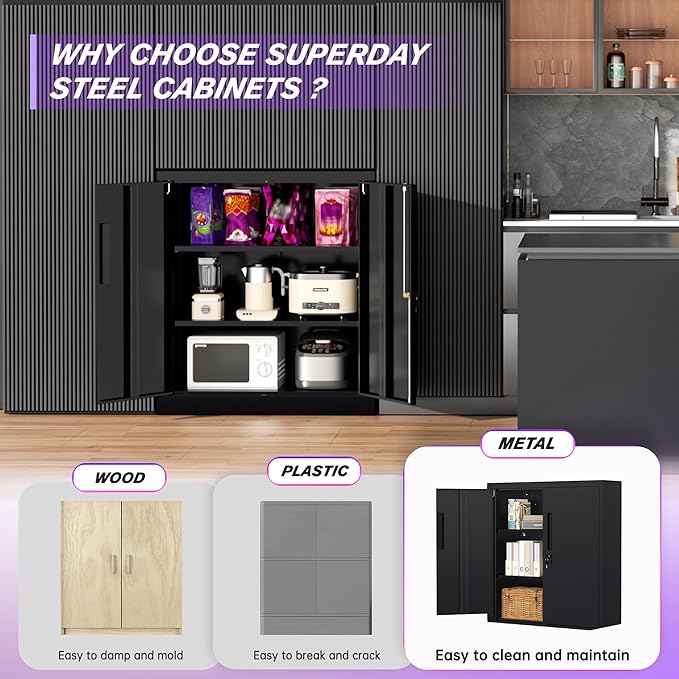 Superday 36" Metal Storage Cabinet, Black Garage Storage Cabinets with Locking Doors and Adjustable Shelves, Steel Lockable Cabinets, Tool Cabinet for Home Office, Garage, School