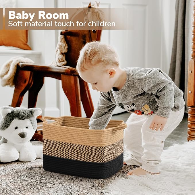 Goodpick Woven Storage Baskets for Organizing, Cotton Rope Organizer for Living Room Bedroom, 13"x10"x9" Rectangle Dog Toy Basket with Handles, Stylish Gift Baskets Empty, Black & Jute