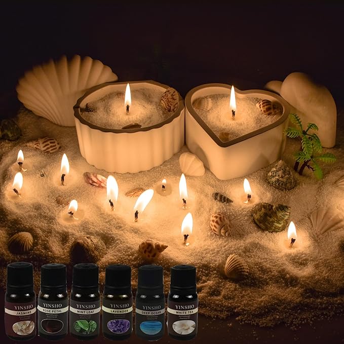 Pansyling 35oz Pearled Candle Wax Sand Crafting Set for Beginner,All-in-One Scented Candle Making Kits with 6 Essential Oils,2 Plaster Containers,50 Wicks & Seashells,DIY Powder Candles(White)