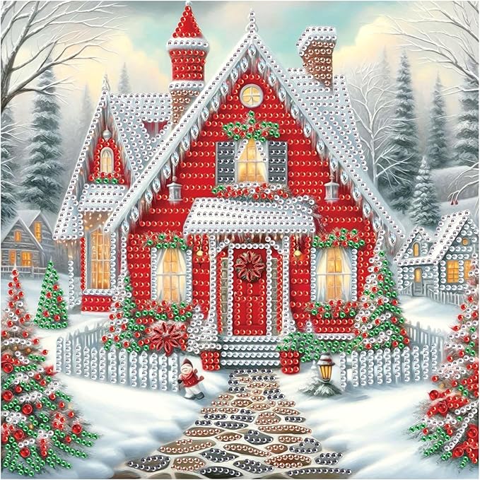 antor Diamond Art Painting Kits for Adults, Christmas House 5D Special Shape Diamond Art Kits for Beginners, Crystal Rhinestones Diamond Painting for Home Wall Christmas Decoration Gift 12×12inch