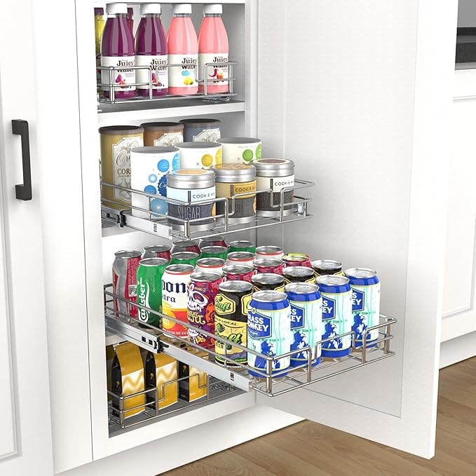 Pulloutor Pull Out Cabinet Organizer - 11" W x 21" D, Slide Out Kitchen Cabinet Storage Shelf and Drawer Organizer, For Home, Pantry, Bathroom, Chrome Finish