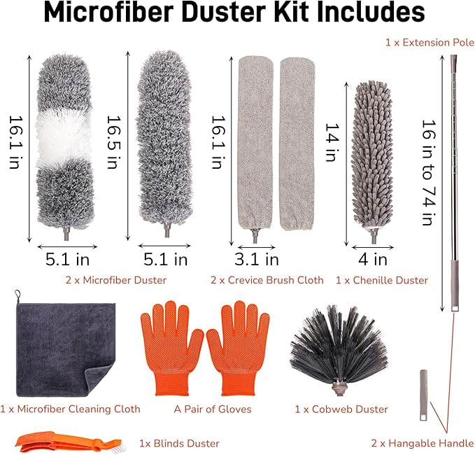 SOUJOY 12 PCS Microfiber Duster Kit with Bendable Heads and Extension Pole Up to 74'', Washable Reusable Feather Dusters for Cleaning High Places, Ceiling Fans, Blinds, Furniture, Cars