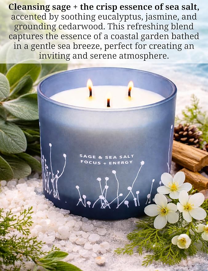 White Sage Sea Salt 3 Wick Candle - Large Soy Scented Candle 14.5 oz - Sage Candle for Cleansing House - Aromatherapy Energy Cleansing Candle for Home, Stress Relief, Women & Men