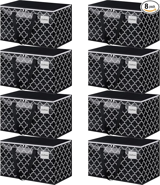 HomeHacks Heavy Duty Moving Bags with Tag Pockets, Collapsible Storage Totes for Moving, Camping & Travel -Foldable Packing Boxes, Zipper Handles, Black（8 Packs, 88L）
