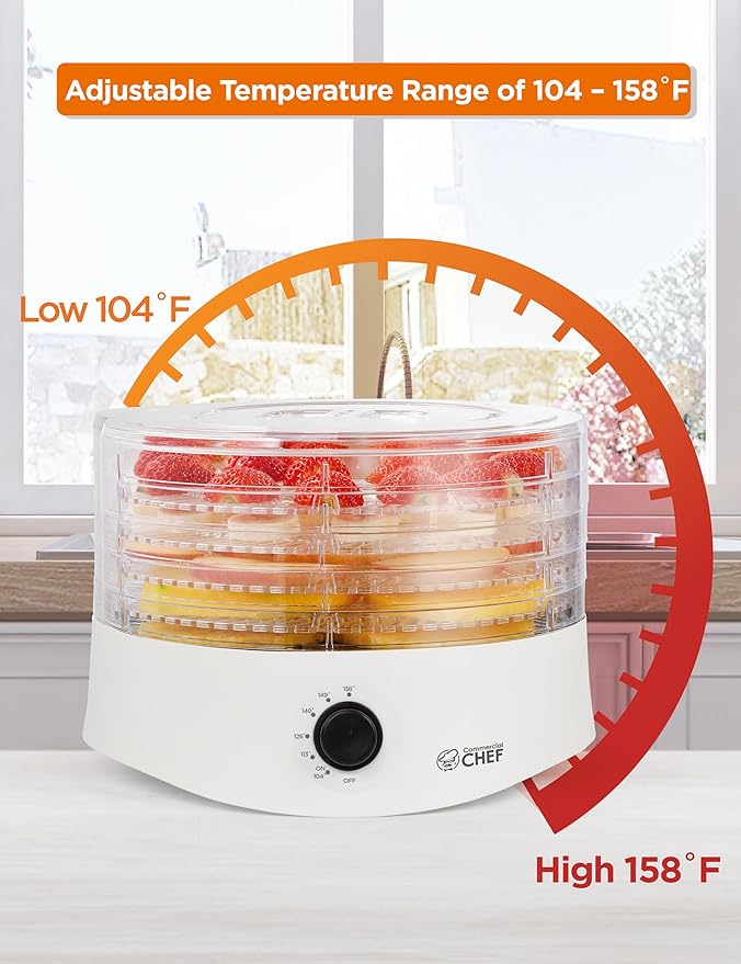 Commercial Chef Food Dehydrator, Five 9.25” BPA-Free Plastic Trays, Dehydrates and Dries Meat, Fruit, Veggies and Jerky, 280W Dehydration Machine, Adjustable Thermostat, CCD100W6, White