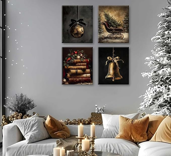Paint by Number Kit for Adults & Kids, 4 Pack Vintage Christmas Scenes (Ornament, Book Stack, Sleigh, Bell) 12x16 Inch Framed, DIY Acrylic Painting Kit with Brushes & Paints, Festive Home Art Decor