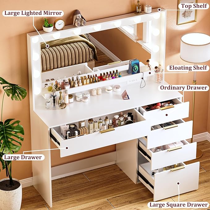 ALEXNUTRE Vanity Desk with Mirror and Lights, Makeup Vanity with Large Mirror & 13 Lights, White Vanity with 5 Drawers, 3 Lighting Modes Adjustable, Vanity Desk with Power Outlet for Bedroom