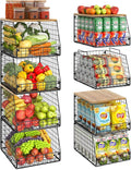 Jakyitvi 4 Pack Stackable Wire Baskets with Fixed Wooden Top, Vegetable Fruit Storage Bins for Onion Potato Snack, Pantry Baskets for Kitchen Cabinet Countertop, Pantry Organizers and Storage Rack