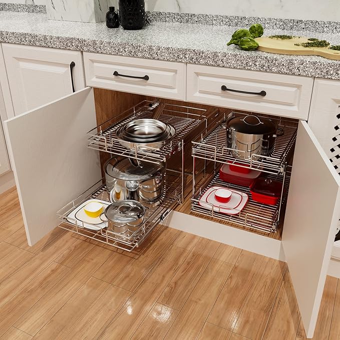 ROOMTEC Individual Pull Out Cabinet Organizer (12½" W x 21½" D), 2 Tier Spice Rack Organizer for Cabinet, Slide Out Drawer Pantry Shelf Organization and Storage for Kitchen Bathroom