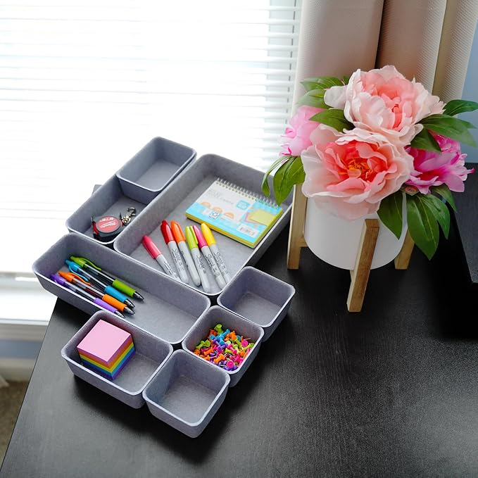 Welaxy Desk Drawer Organizer Tray, 8-Piece Felt Storage Drawer Dividers for Office & Home (Glacier gray)