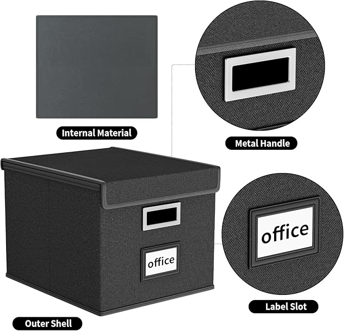 Huolewa File Organizer Boxes with Lids, Collapsible Linen Hanging Filing & Storage Boxes with Plastic Slide for Office/Decor/Home, Filling System for File/Folders/Document Storage -2 Pack