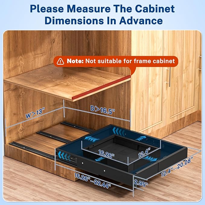 Pull Out Cabinet Organizer Expandable (12.4"-20.08")W & (16.26"-22.44")D, Insputer No Drill Slide Out Drawers with 3 Slide Rail, 2Pcs Magnetic Panel, Adhesive Roll Out Shelf for Kitchen, Pantry Black