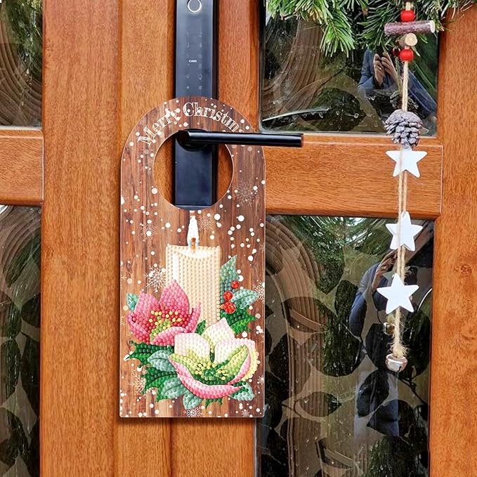 5D Diamond Art Painting Christmas Candle Door Knob Hanger Decorations DIY Kits Wood Diamond Art Christmas Door Handle Hanging Sign Special Shaped Gem Paint by Number Mosaic Home Room Front Door Decor