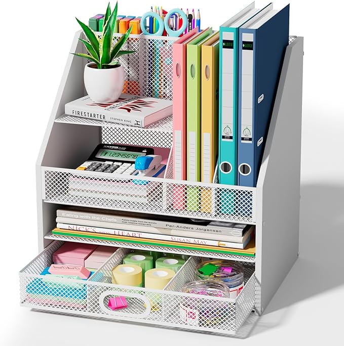 Homsorout Wooden Desk Organizer - Mesh File Organizer with Drawers and Pen Holder - 4-Tier Vertical Paper Letter Storage Tray, Desktop Organizers and Accessories for Home Office （White