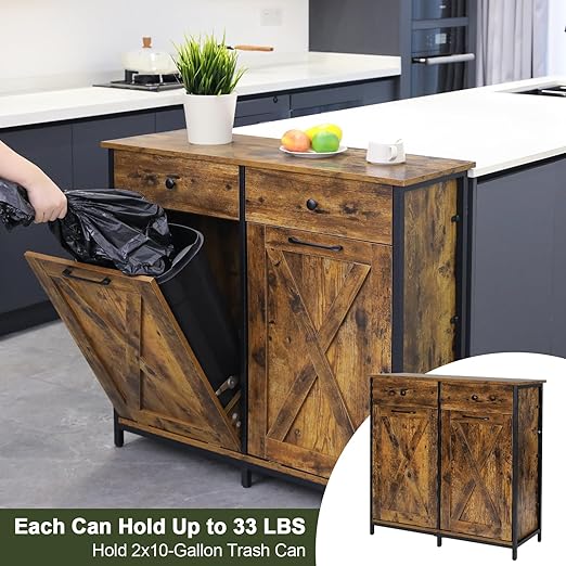 Clevich Double Tilt Out Trash Cabinet 20 Gal, Kitchen Wooden Recycling Cabinet, Hidden Garbage Can Holder w/Drawers & Tabletop, Dog-Proof Trash Bin Cupboard, Rubbish Bins NOT Included (Retro Brown)
