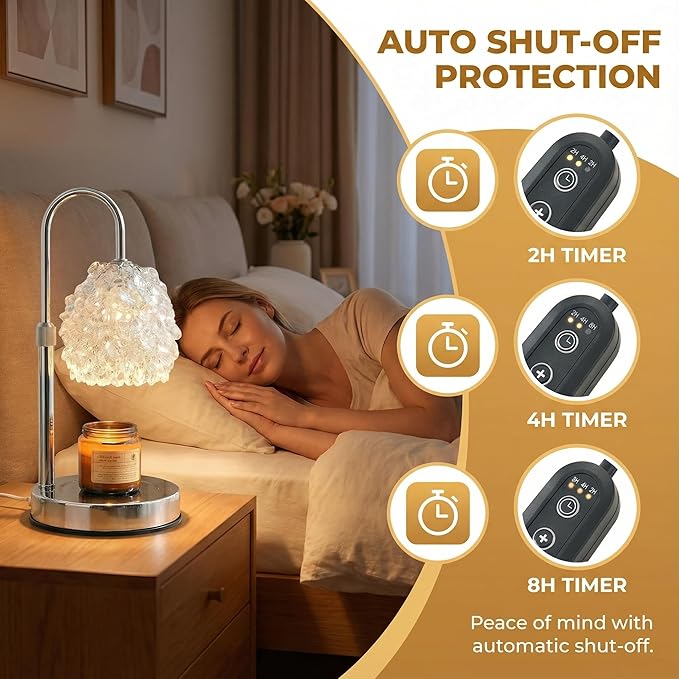 Candle Warmer Lamp with Timer & Dimmer, Adjustable Height Candle Lamp, Hand-Embedded Glass Crystal Lampshade, Valentine’s Day Gifts for Women/Mom, Wax Warmer for Home Decor (Silver)