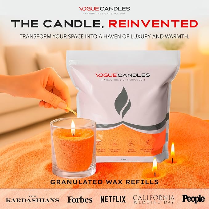 Vogue Candles Orange Pearled Candle Sand Wax (5 LB) – Mother’s Day Candle Kit with 50 Cotton Wicks for DIY Home Lighting – Plant-Based & Reusable Wax Granules Refill for Clean Burning & Custom Vessels